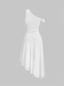 SHEIN MOD Solid Asymmetrical Neck Dress,White Graduation Dress