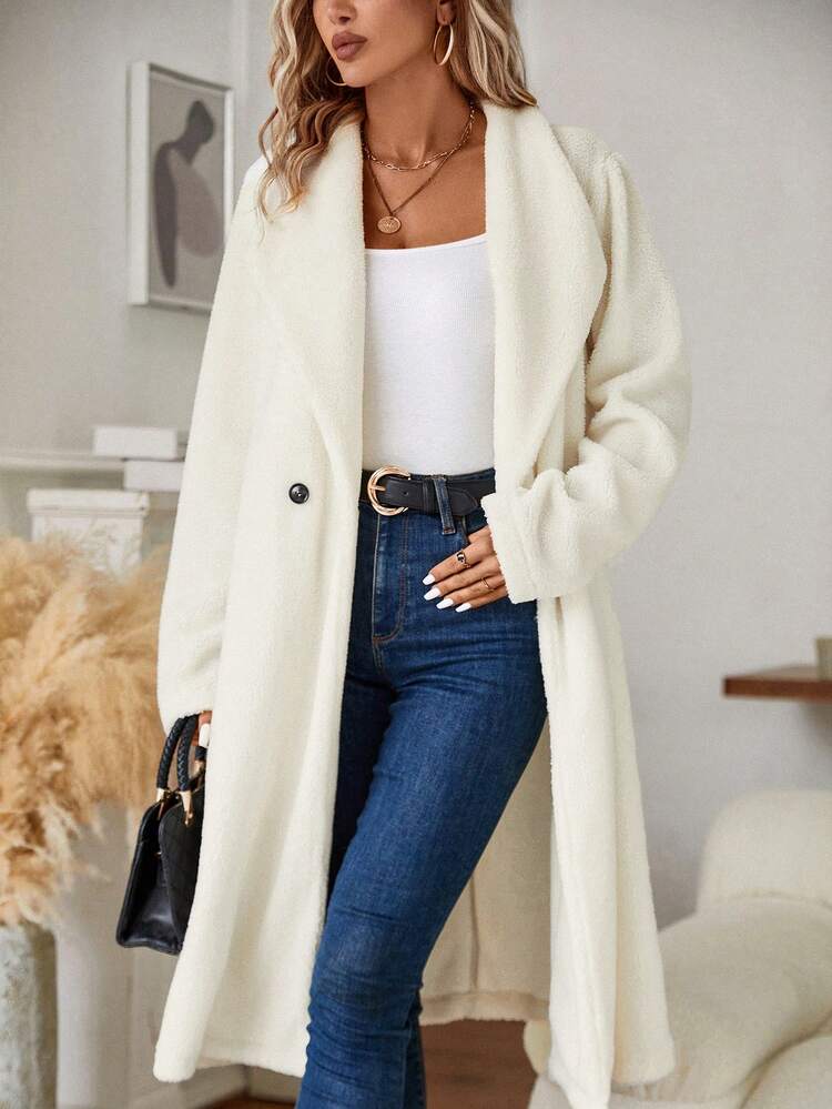 SHEIN Clasi Abrigo teddy de cuello cascada con botones - Blanco - Añade 3