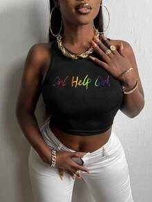 Slaydiva Đồ họa Khẩu hiệu Crop Tank Top - màu đen - Xem 3