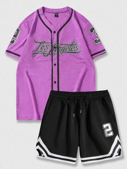 Street Life قميص رجالي مطبوع عليه أحرف بأكمام قصيرة مع بنطلون قصير بمجموعة