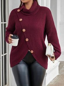 Flirla 大碼高領前紐扣落肩袖套頭毛衣 - 酒紅色 - 查看 1