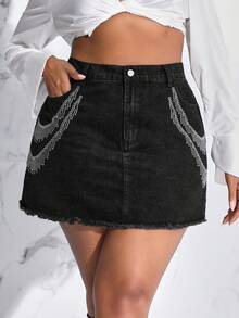 SHEIN SXY 大碼流蘇邊牛仔半身裙 - 黑色 - 查看 6