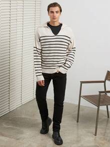 RueChic Men Striped Pattern Drop Shoulder Sweater - Black and White - View 3