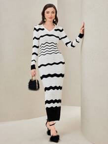 Modelyn Abito maglione motivo chevron - Bianco e nero - Visualizzare 3
