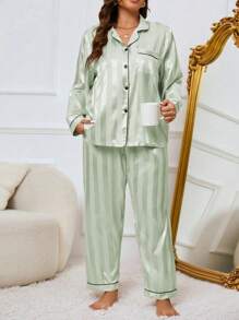 Plus Striped Jacquard Contrast Piping Satin Top & Pants PJ Set, Pajama Set, Fall Winter Clothes