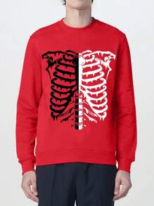 Men Skeleton Print Sweatshirt - Red - View 1