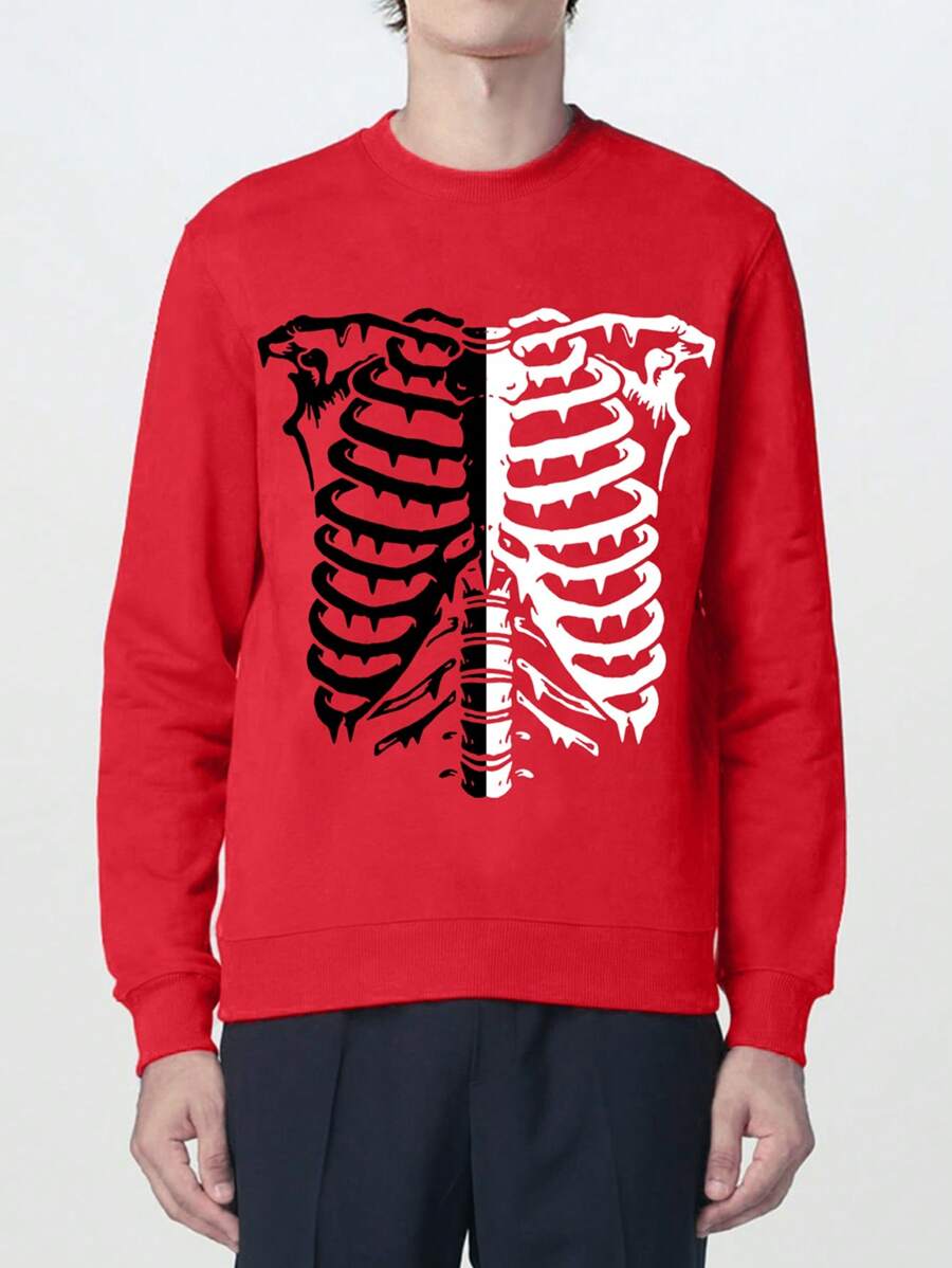 Men Skeleton Print Sweatshirt - Red - View 1