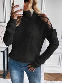 SHEIN Essnce Jersey cuello alto con cordón de manga raglán - Negro - Ver 5