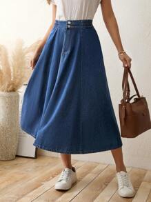 SHEIN LUNE Cao eo Pháo sáng Váy Denim - Rửa tối - Xem 4