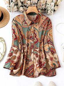 SHEIN Clasi Plus Paisley Print Button Front Shirt - Multicolor - View 1