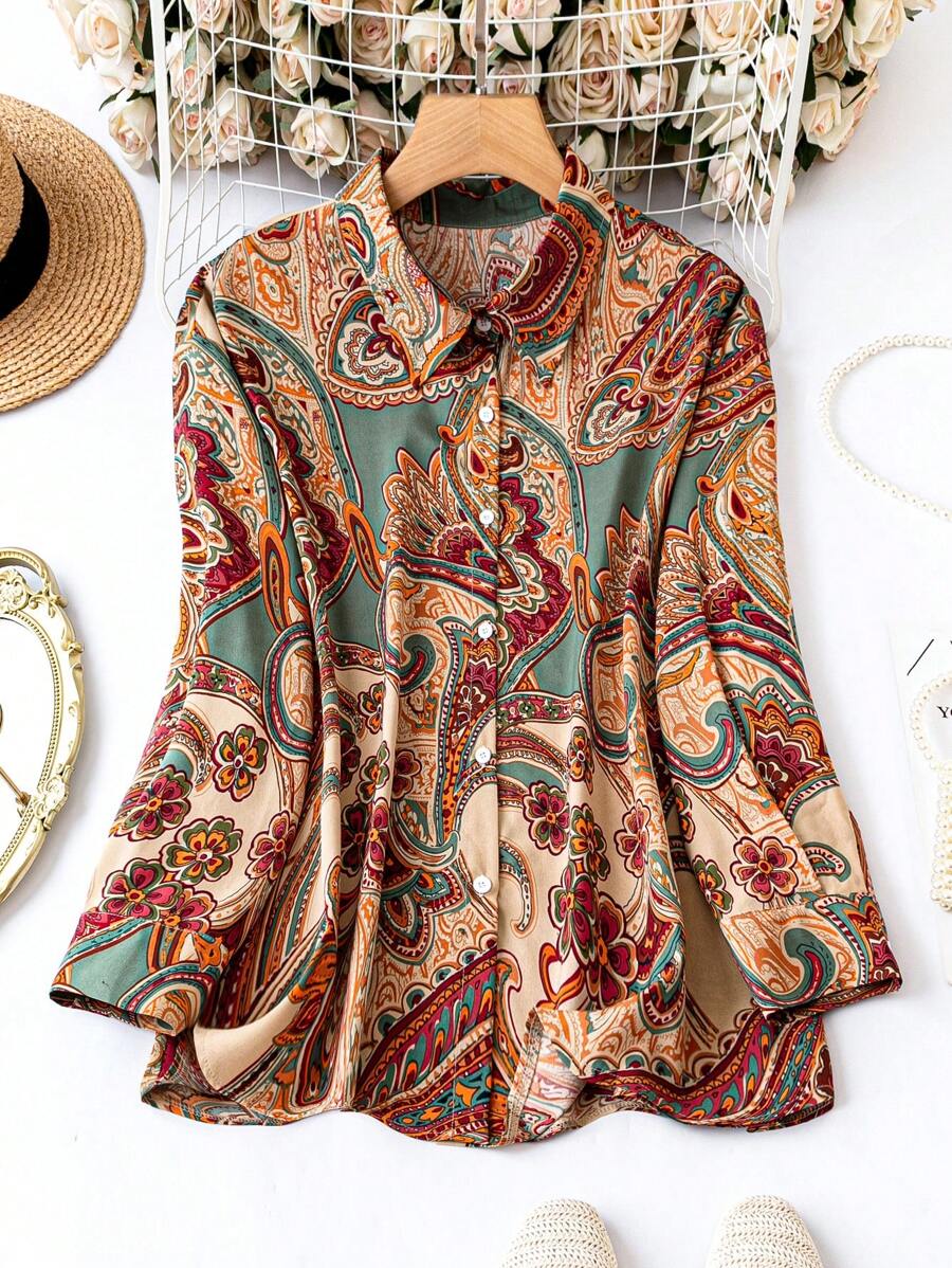 SHEIN Clasi Plus Paisley Print Button Front Shirt - Multicolor - View 1
