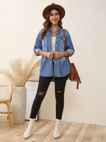 SHEIN LUNE 翻蓋口袋落肩袖牛仔襯衫 - 淺色水洗藍 - 查看 5