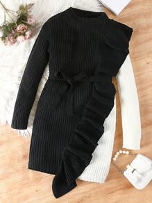 SHEIN Cô gái Tween Hai âm Viền Ruffle Thắt lưng Váy áo thun - Đen và trắng - Xem 1