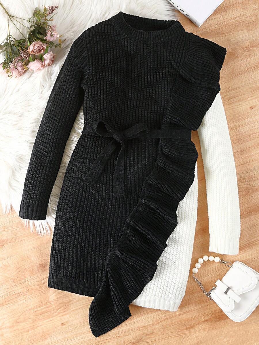 SHEIN Cô gái Tween Hai âm Viền Ruffle Thắt lưng Váy áo thun - Đen và trắng - Xem 1