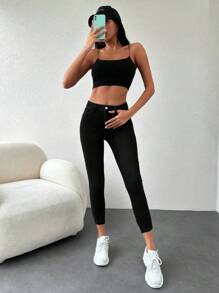 EURMUSE Pantaloni skinny din denim de culoare uni - Negru - Vizualizare 5