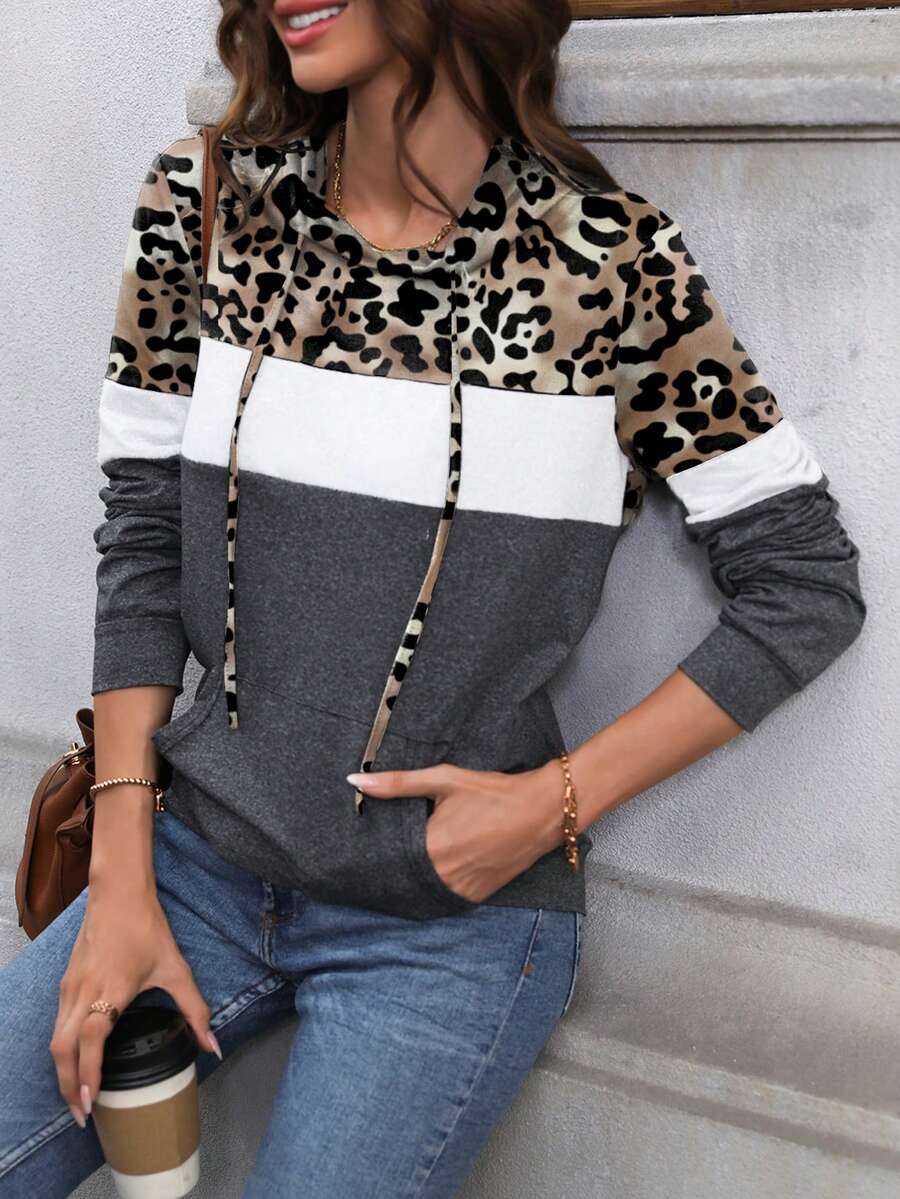 SHEIN LUNE In hoa Báo Khối màu Dây rút Hoodie - màu nâu - Xem 1
