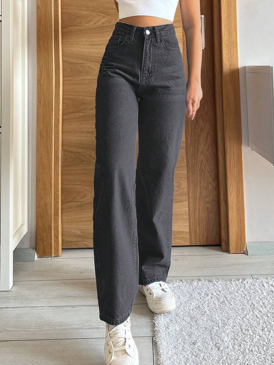 SHEIN PETITE 高腰直筒牛仔褲,適合嬌小女性 - 深灰色 - 查看 1