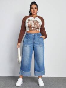 SHEIN EZwear Plus Raw Trim Roll Up Hem Wide Leg Jeans - Medium Wash - View 5