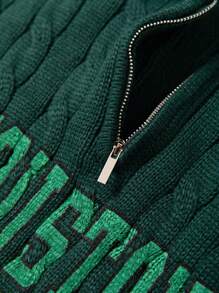 Manfinity Homme Men Letter Pattern Striped Trim Zipper Front Cable Knit Sweater - Dark Green - View 6