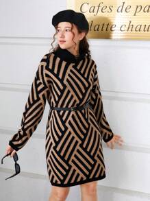 青少年女孩幾何圖案高領落肩袖毛衣洋裝不附腰帶