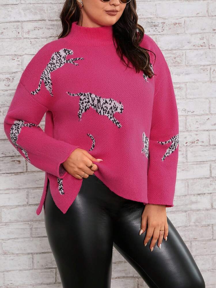 Plus Leopard Pattern Mock Neck Drop Shoulder Split Hem Sweater Knit Pullover Fall Winter Sweater