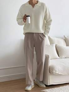 DAZY 男士纯色落肩纹理毛衣商务装 - 白色 - 查看 3