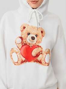 Forever 21 Women's Hooded Sweatshirt With Bear Print & Drawstring - White - View 6