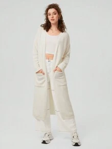 Forever 21 Của phụ nữ Màu thuần Dài Mở Mặt trước Áo len Mở Với Giường đôi tiêu chuẩn Túi Và Thả vai Thiết kế - Màu be - Xem 6