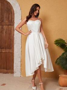 Solid Asymmetrical Hem Cami Wedding Dress, Semi Formal Dress - White - View 6
