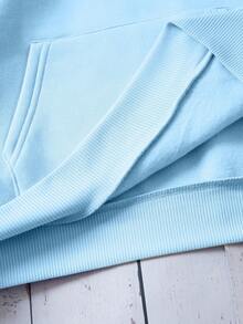SHEIN EZwear 熊和字母圖案抽繩加絨內裏連帽衫 - 淺藍色 - 查看 5