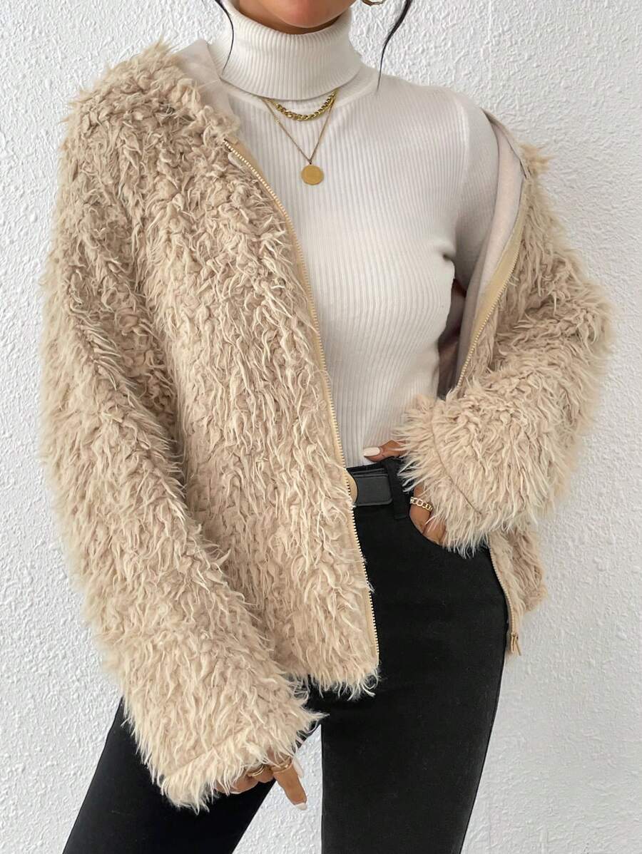 SHEIN Essnce Zip Up Hooded Fuzzy Coat - Apricot - View 1