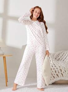 SHEIN 青少女花卉圖案t卹和長褲家居服裝 - 白色 - 查看 4