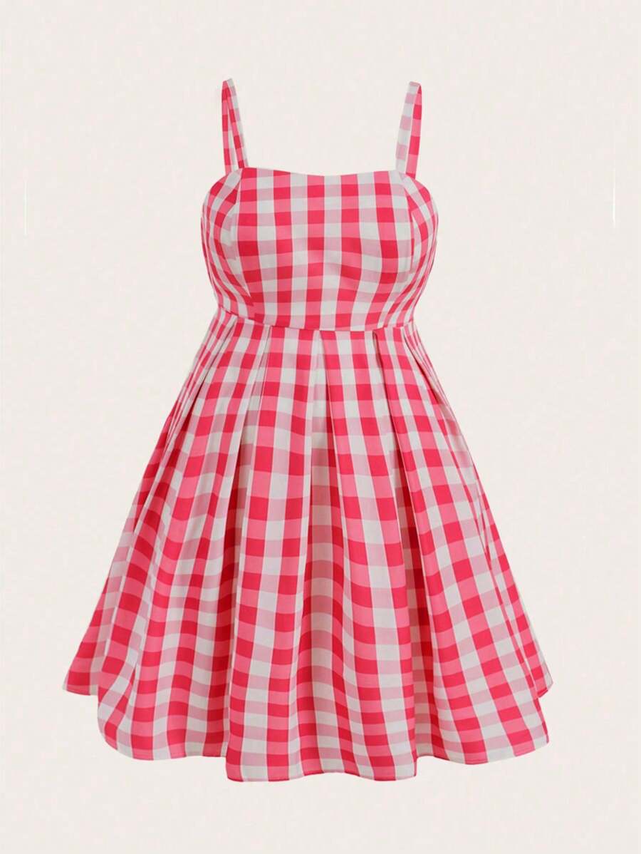 SHEIN Qutie 大尺寸格紋細肩帶連身裙 - 紅色 - 查看 1
