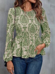 SHEIN Clasi 滿版印花燈籠袖荷葉邊下擺襯衫 - 綠色 - 查看 1