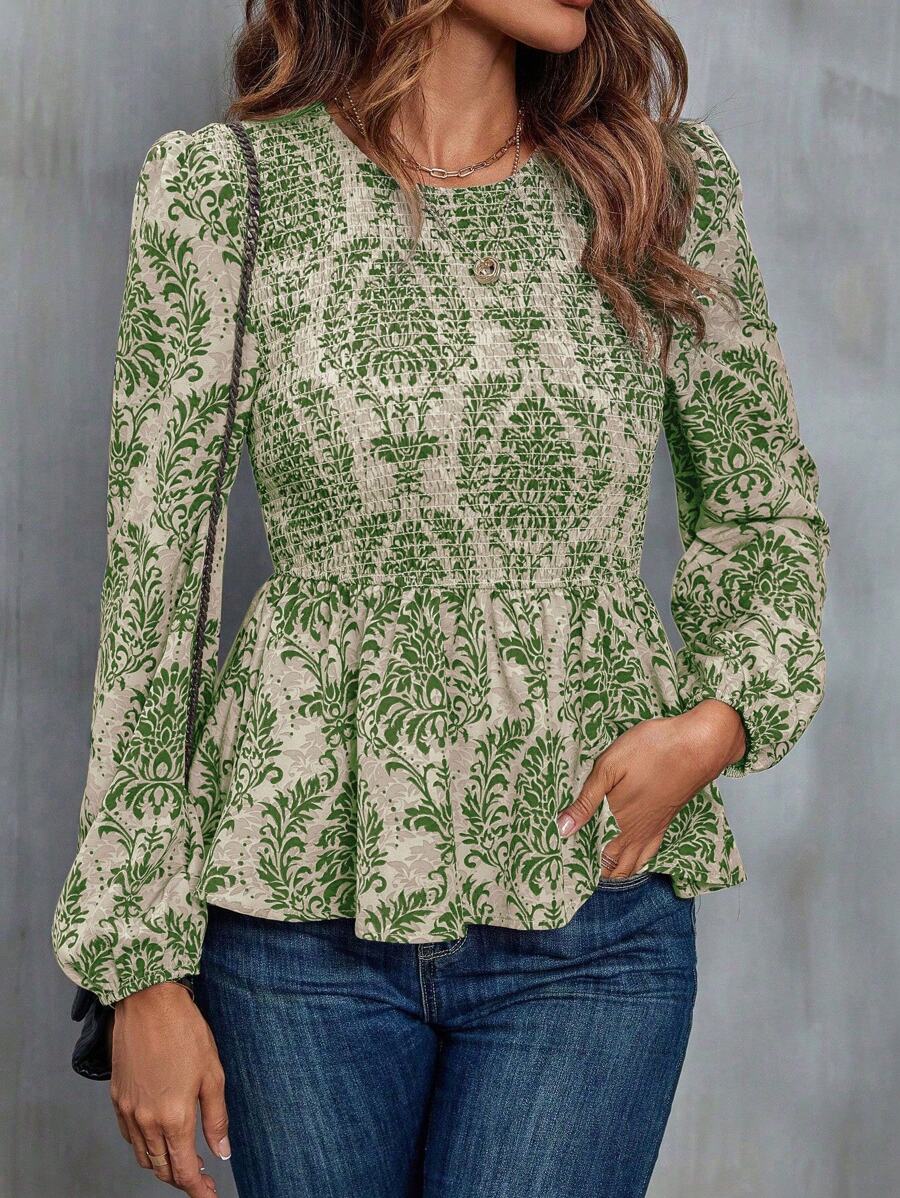 SHEIN Clasi 滿版印花燈籠袖荷葉邊下擺襯衫 - 綠色 - 查看 1