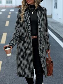 SHEIN LUNE Chevron Print Flap Detail Double Breasted Overcoat - Black - View 4