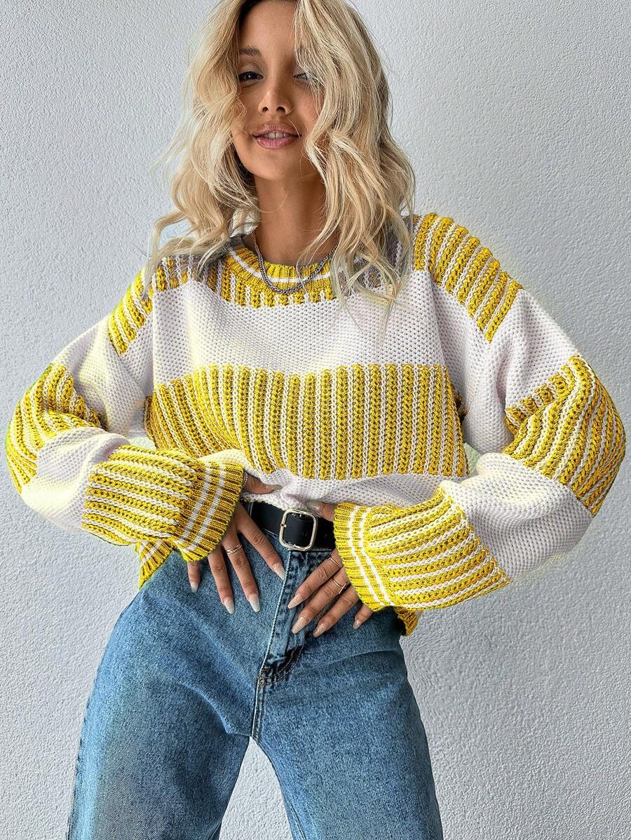 EURMUSE Striped Pattern Drop Shoulder Sweater - Yellow - View 1