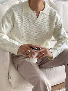 DAZY 男士纯色落肩纹理毛衣商务装 - 白色 - 查看 7