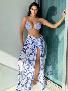 SHEIN Swim 夏季海灘花卉印花掛脖三角比基尼套裝配沙灘裙 - 藍白色 - 查看 3