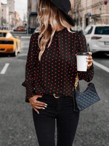 SHEIN Clasi Blusa de manga farol de cuello camisero con estampado de lunares, blusas de manga larga - Negro - Ver 5