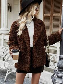 SHEIN Clasi 西裝領落肩袖絨毛外套 - 咖啡棕 - 查看 4