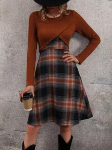 SHEIN Clasi 格紋印花吊帶洋裝&交叉圍裹T恤