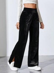 SHEIN Tall Split Hem Velvet Pants - Black - View 1