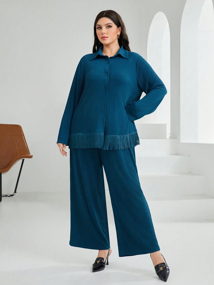 Mulvari Plus Size Fringe Hem Blouse And Wide Leg Pants Set - Blue - View 1