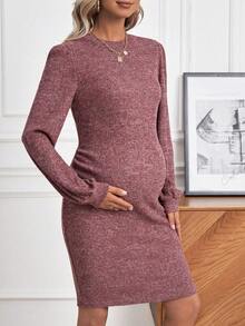 SHEIN 孕婦燈籠袖緊身洋裝 - 紅木色 - 查看 3