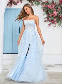 Split Thigh Sequin Mesh Tube Formal Dress Party Dress Wedding Guest Dress Evening Dress,Gown - 淺藍色 - 查看 5