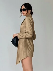 SHEIN Privé 西裝領百褶細節不對稱下擺西裝洋裝 - 棕色 - 查看 4