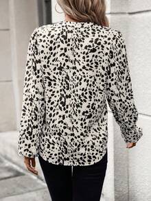 SHEIN LUNE Allover Print Notched Neckline Lantern Sleeve Blouse - Multicolor - View 2