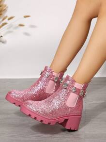 Women's Fashionable Chelsea Boots With Rhinestone & Glitter Decoration - Pink - View 1
