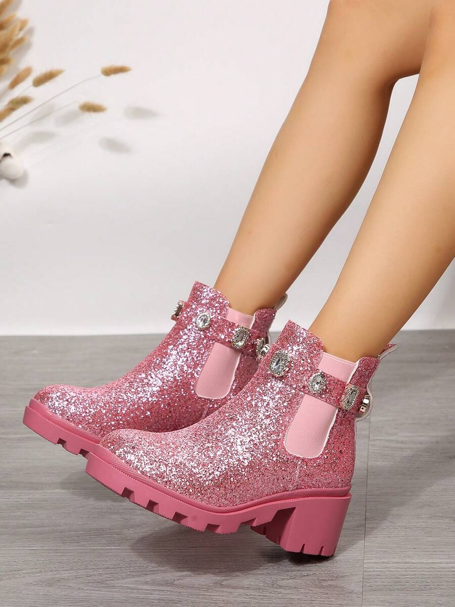 Women's Fashionable Chelsea Boots With Rhinestone & Glitter Decoration - Pink - View 1